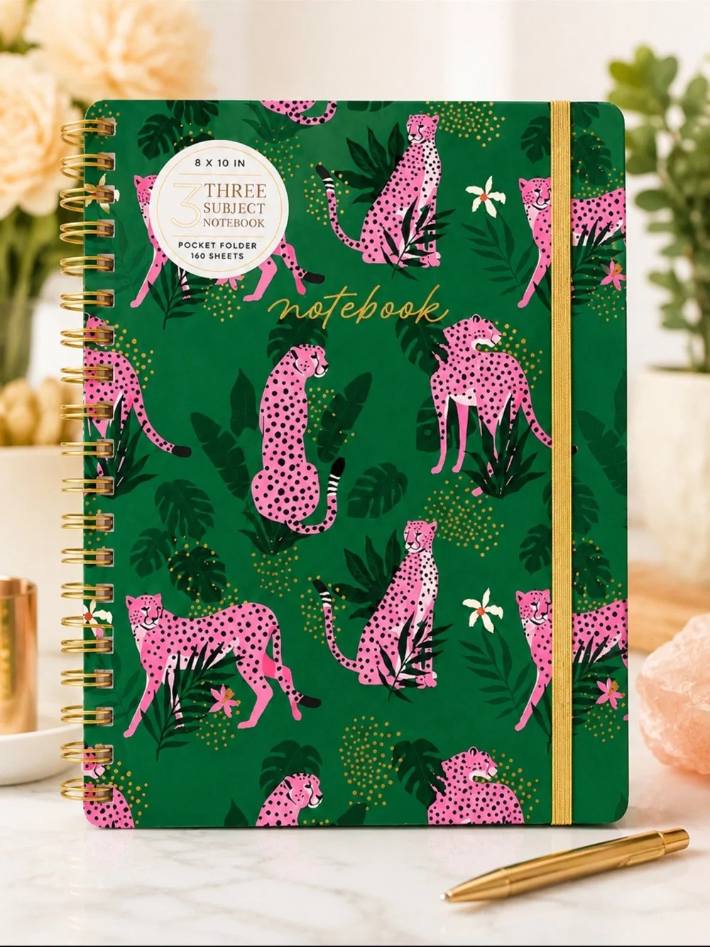James Burke Green Notebook with Pink Cheetah Print & Gold Accents